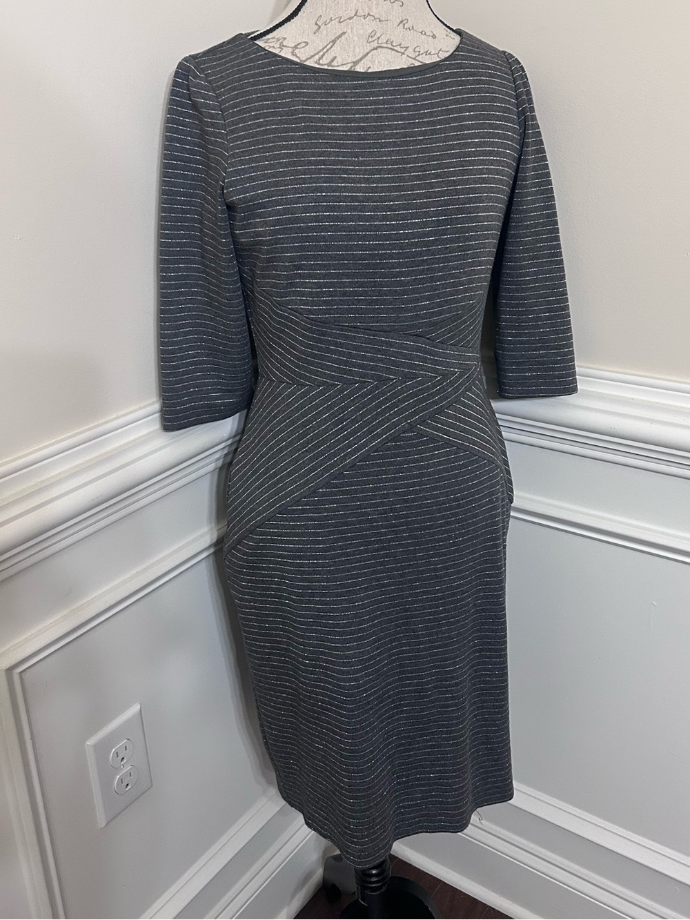 White House Black Market Gray‎ Metallic-Striped Midi Sheath Dress